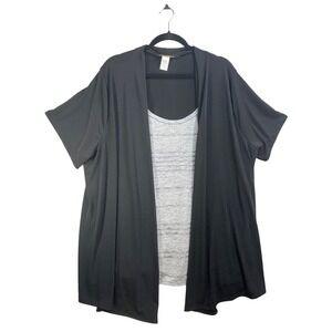 Lavish Plus Womens 3X Black Open Front Cardigan With Striped Inner Tank Top Set